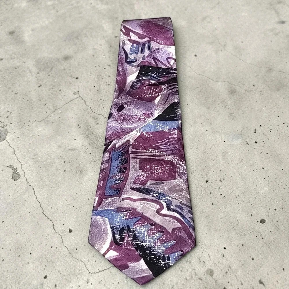 Vtg 90s Bugatti Mens Silk Tie Purple Abstract Geometric Brushstroke Italian Silk